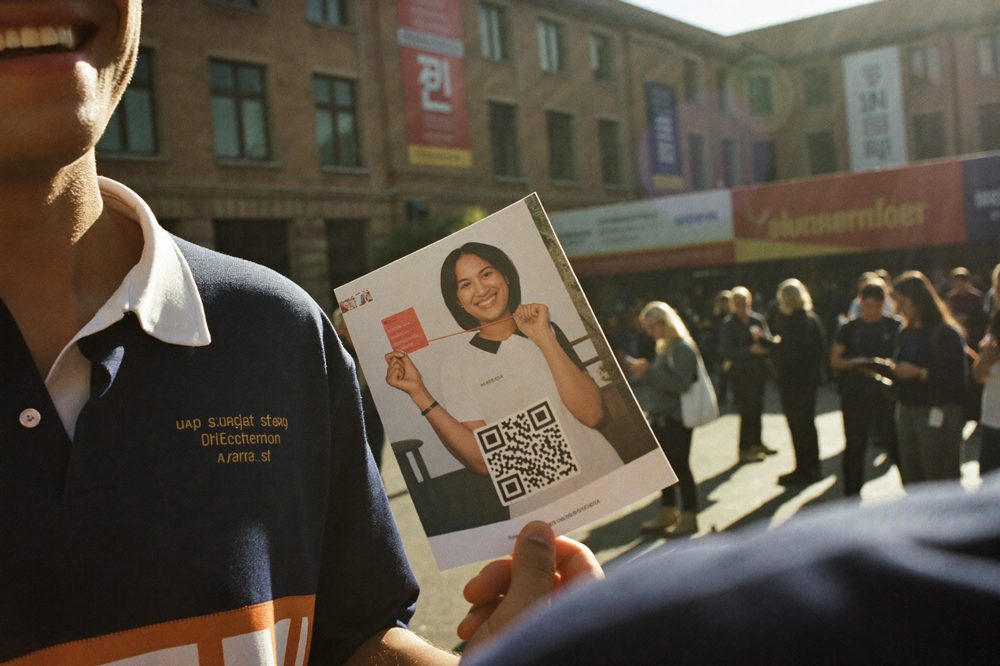 A student ambassador hands a QR-code flyer to a prospective student at a campus fair